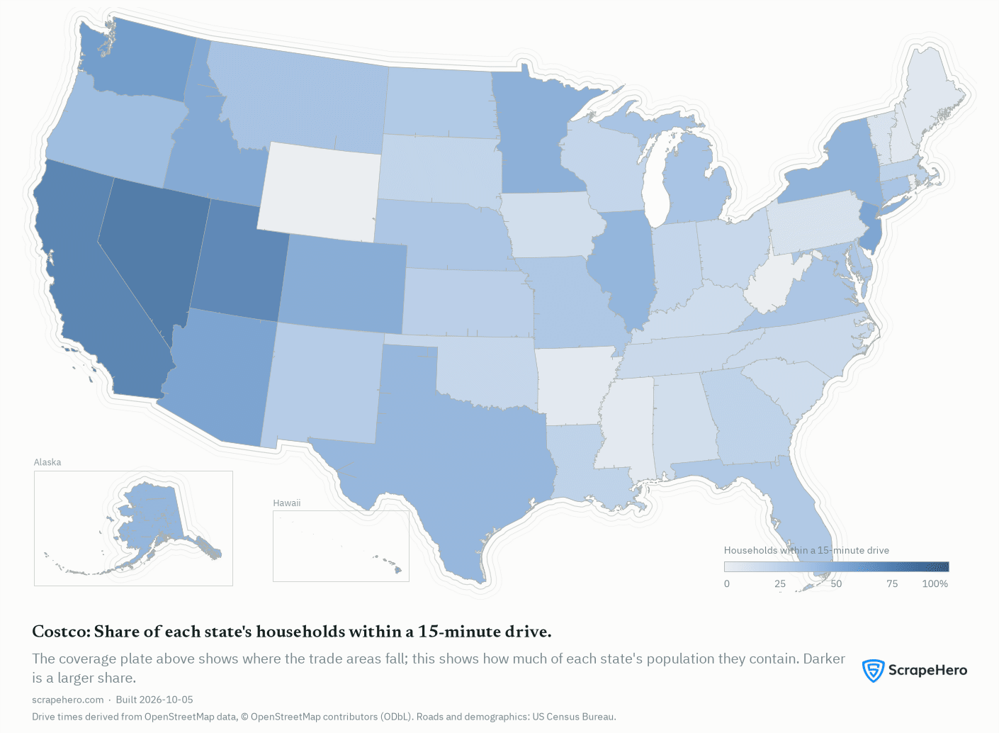 US map of states shaded by the share of households within a 15-minute drive of a Costco