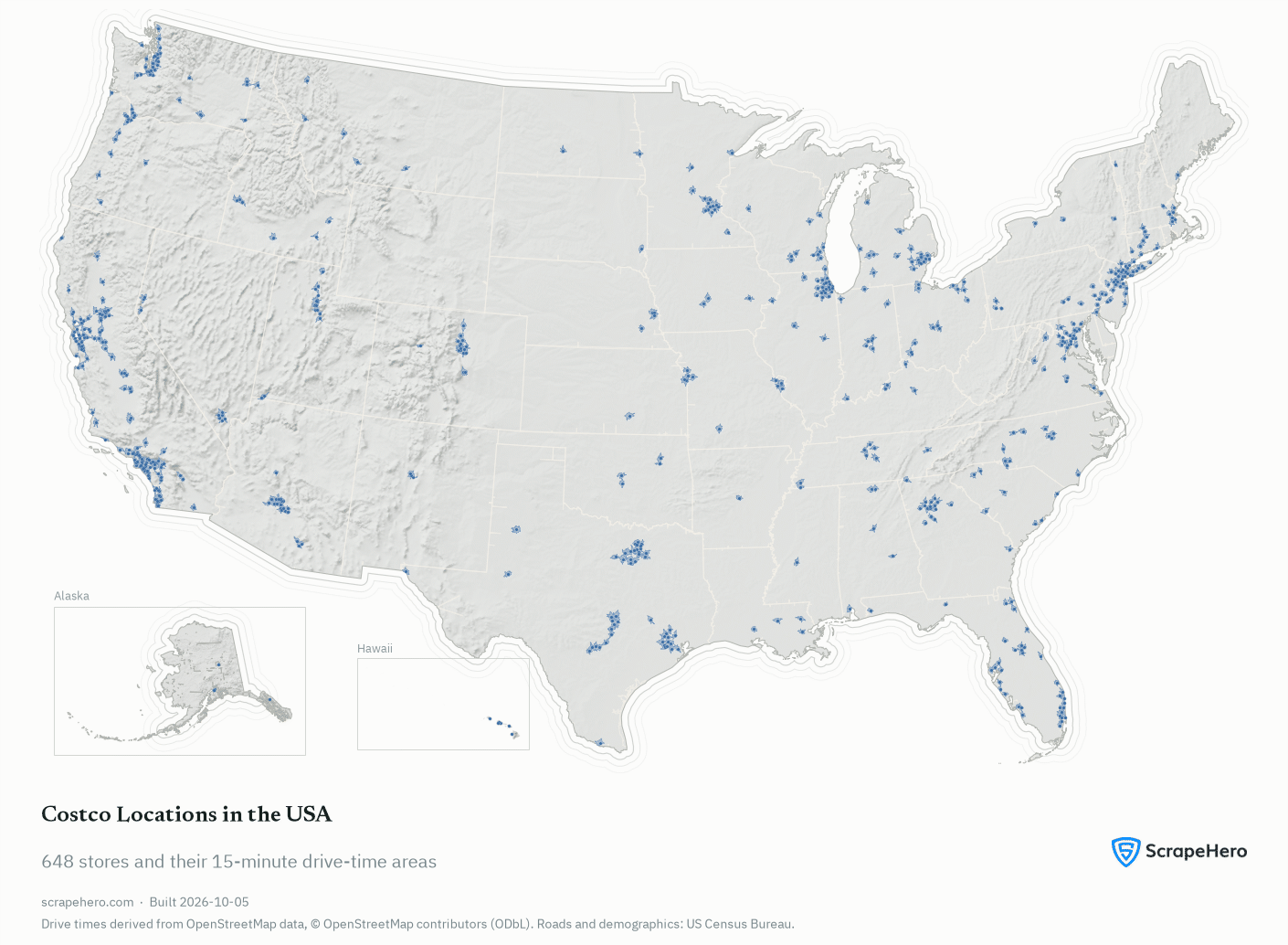 Map of all 648 Costco warehouse locations in the United States and their 15-minute drive-time areas