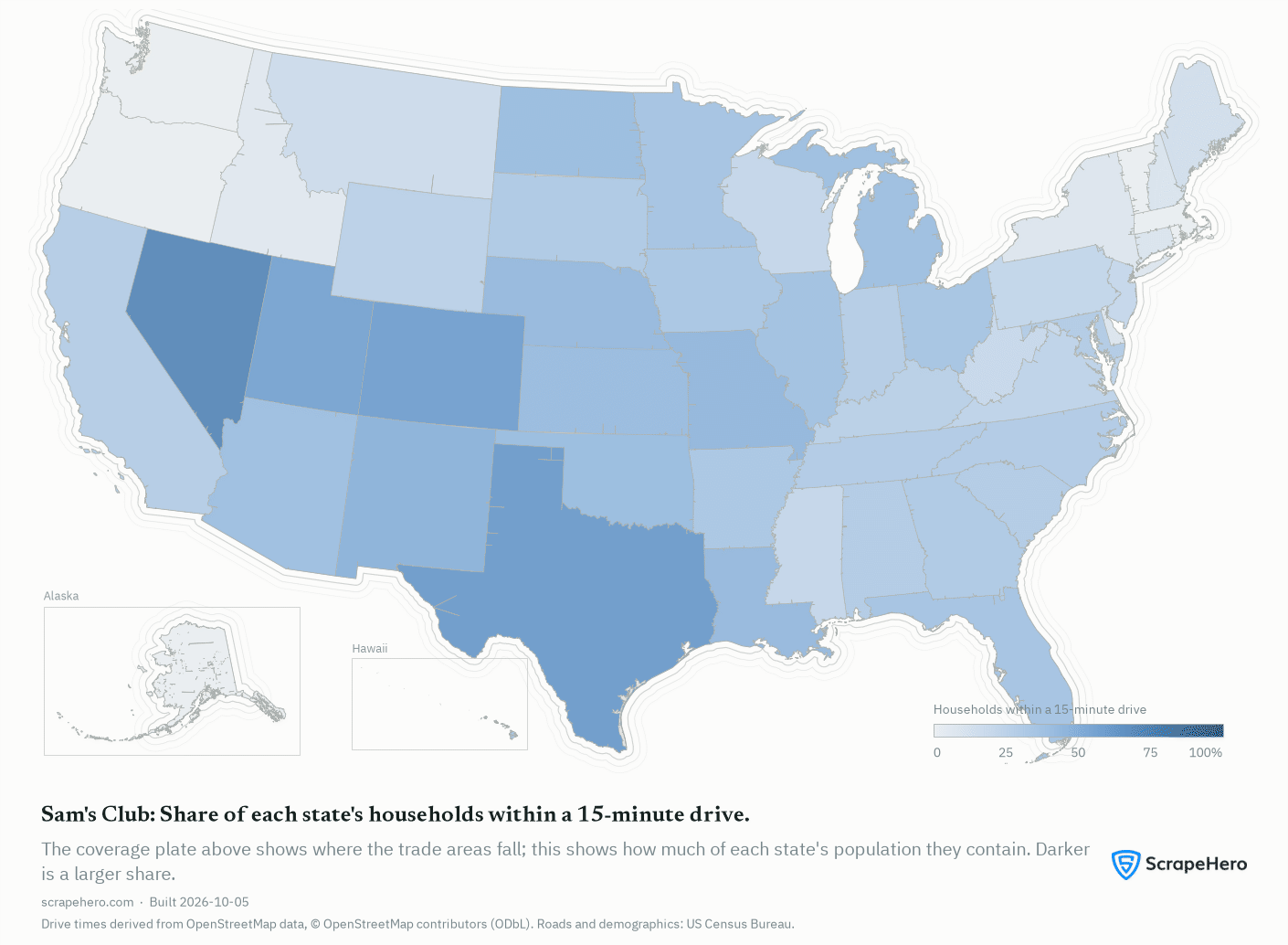 US map of states shaded by the share of households within a 15-minute drive of a Sam's Club