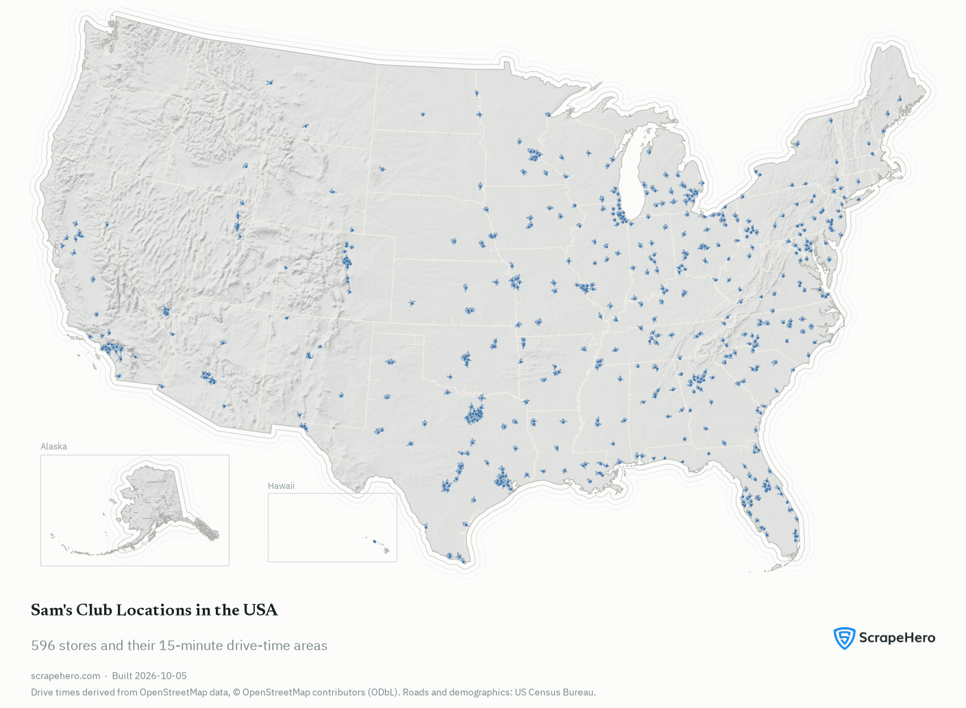 Map of all 596 Sam's Club locations in the United States and their 15-minute drive-time areas