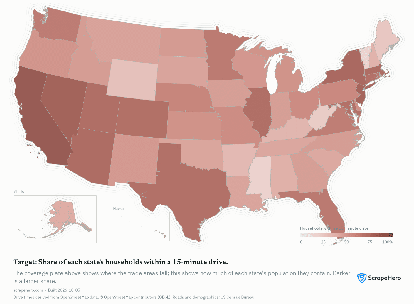 US map of states shaded by the share of households within a 15-minute drive of a Target