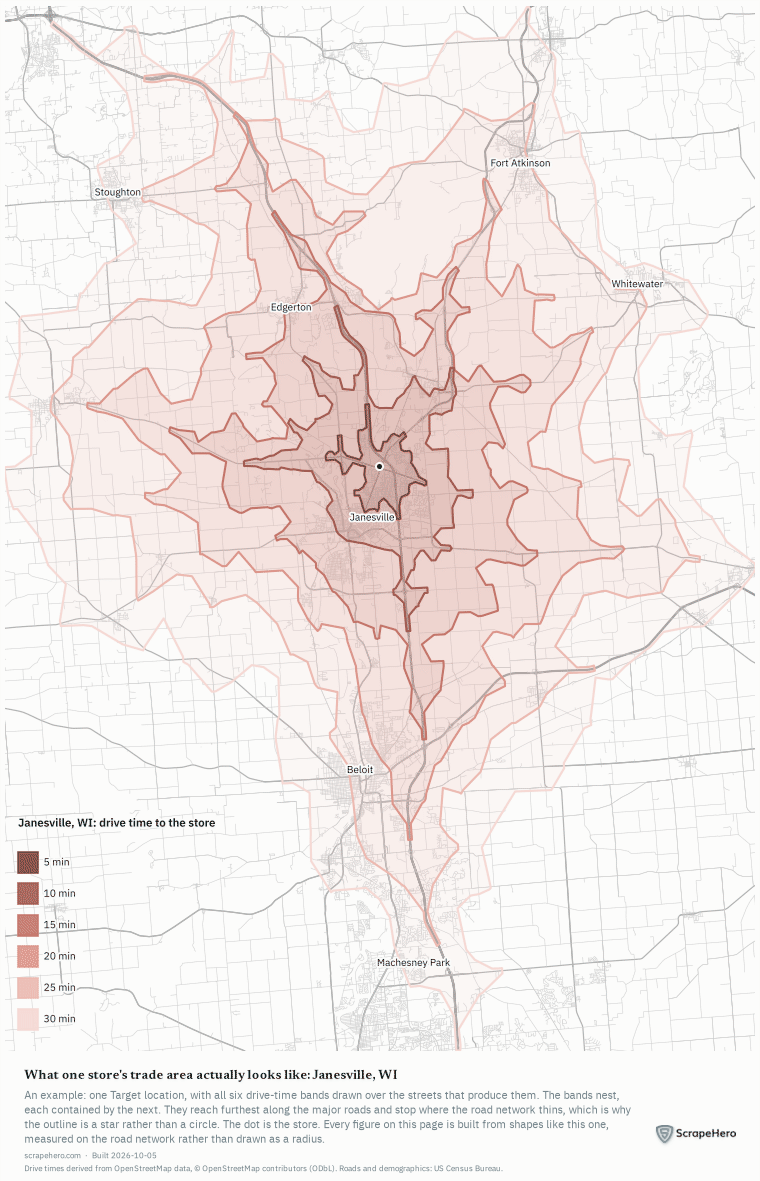 All six drive-time bands around a single example Target store, drawn over the local street network