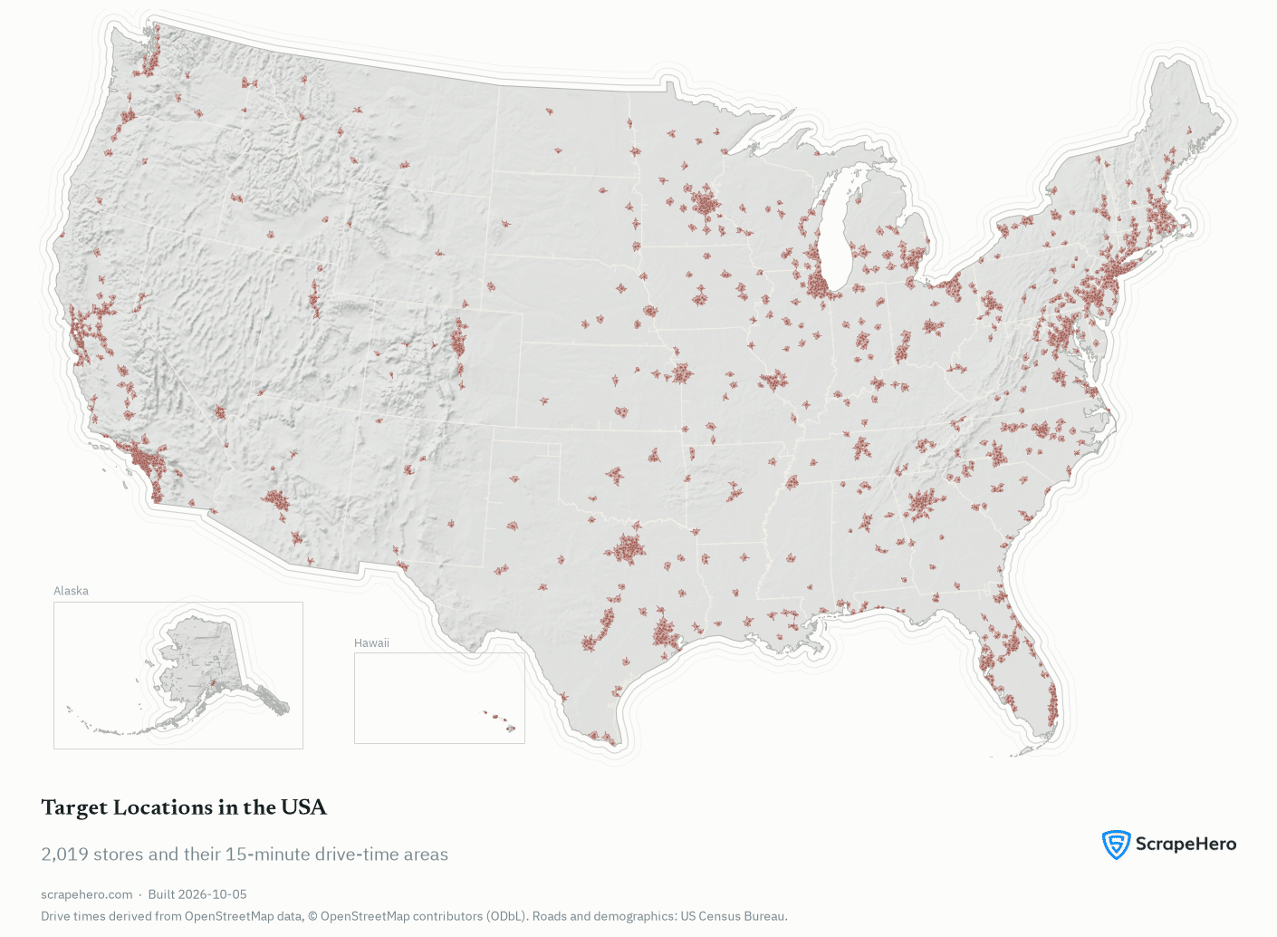 Map of all 2,019 Target store locations in the United States and their 15-minute drive-time areas