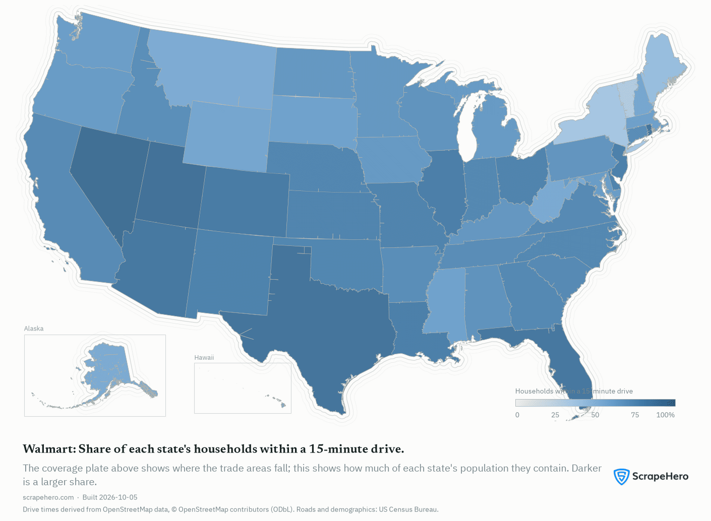 US map of states shaded by the share of households within a 15-minute drive of a Walmart