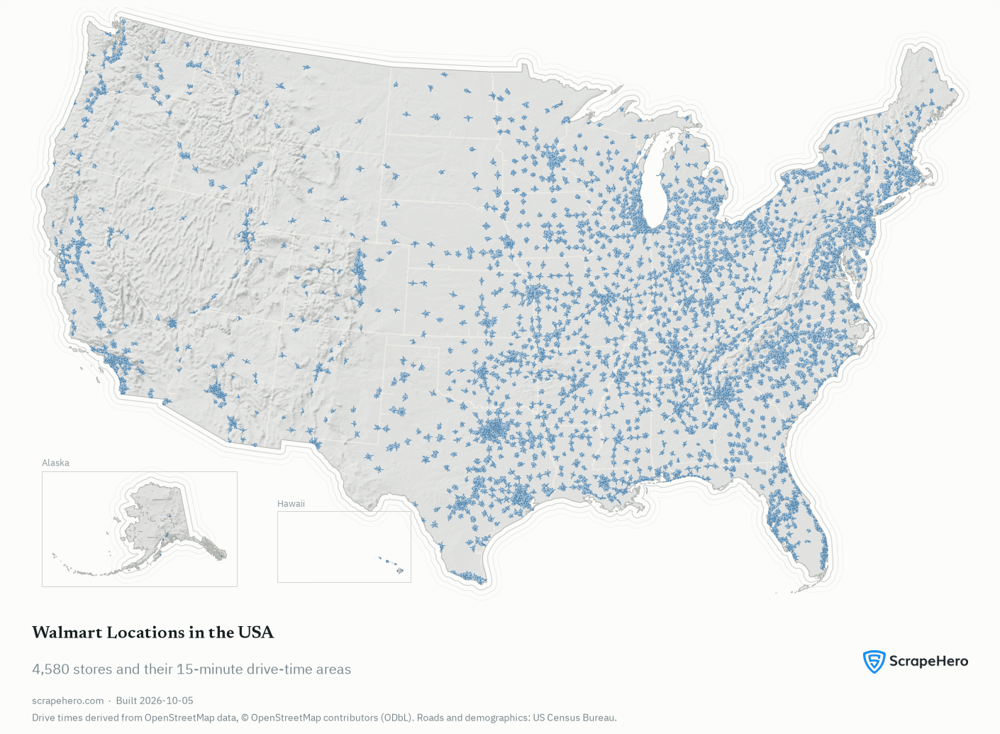 Map of all 4,580 Walmart store locations in the United States and their 15-minute drive-time areas