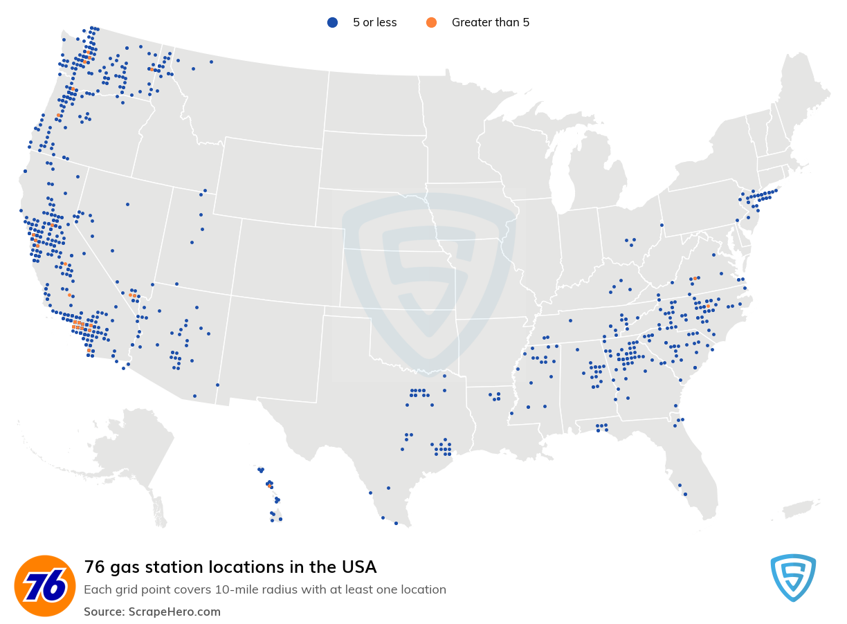 Map of 76 gas stations in the United States