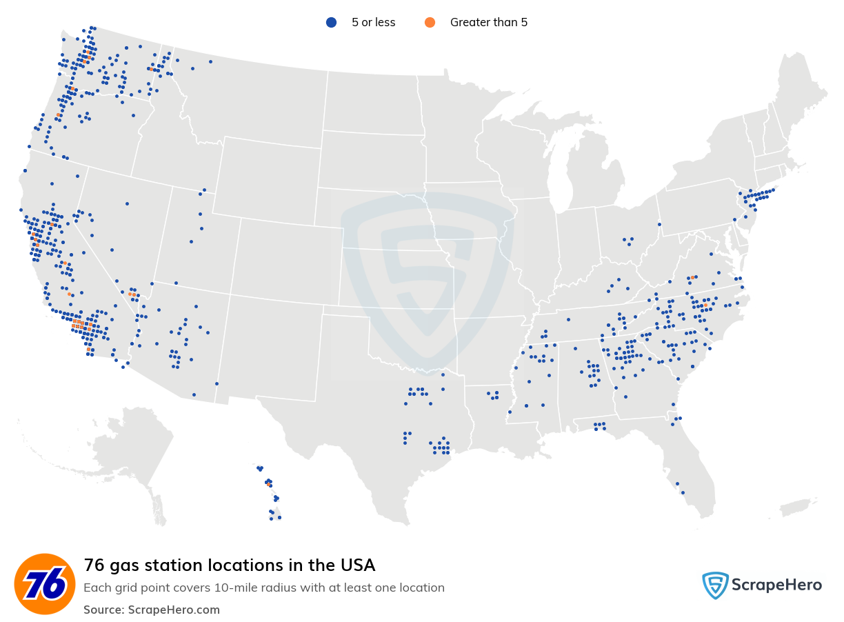 Map of 76 gas stations in the United States