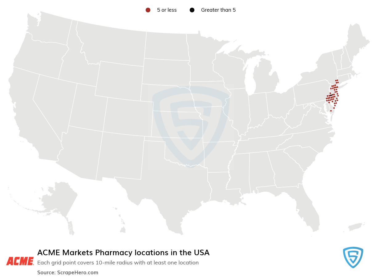 Map of ACME Markets Pharmacy locations in the United States in 2021