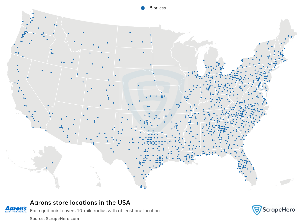 Map of Aarons stores in the United States