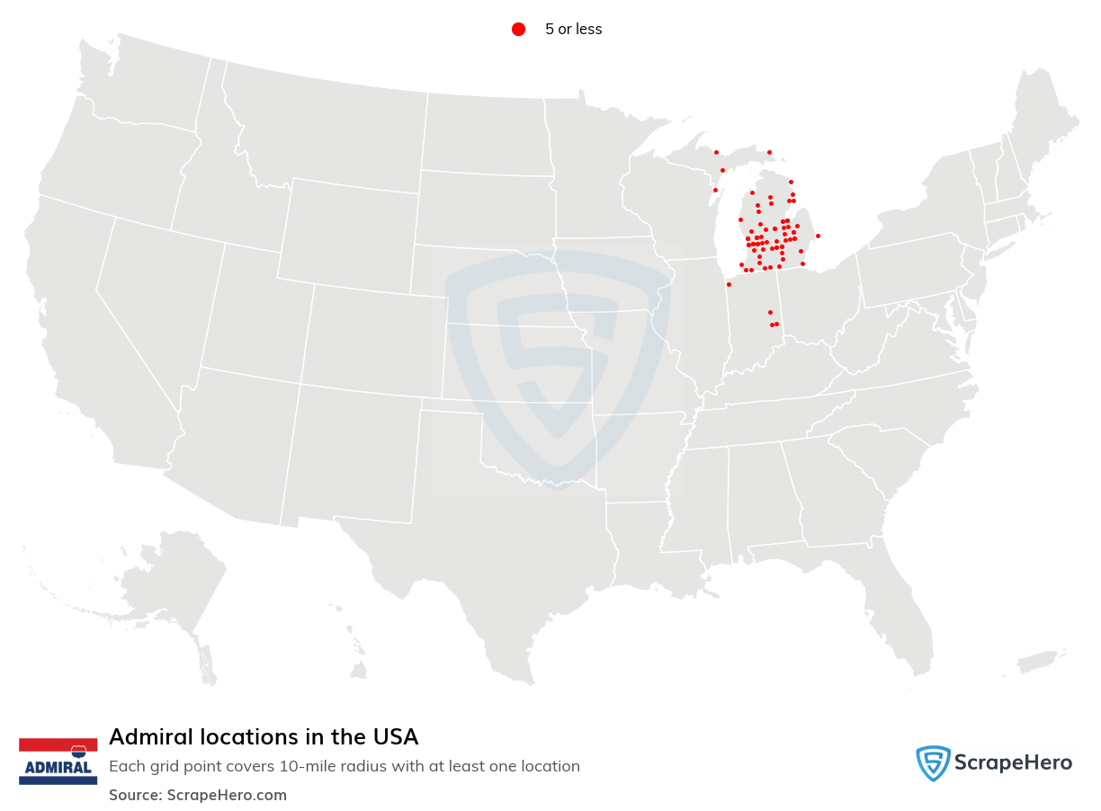 Map of Admiral locations in the United States