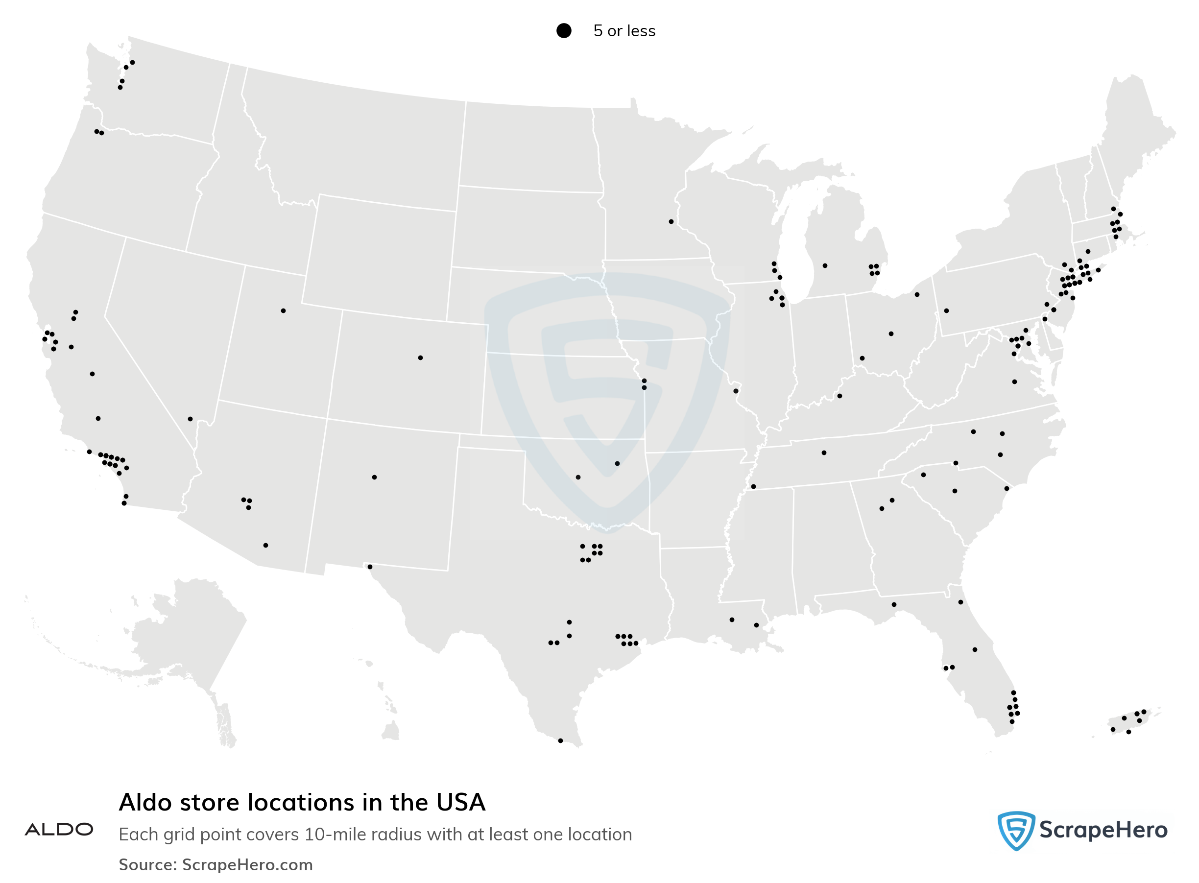 Skorpe Saks Render Number of Aldo locations in the United States in 2021 | ScrapeHero