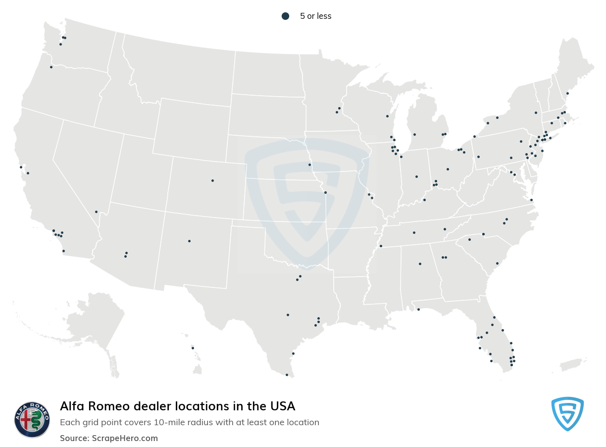 Map of Alfa Romeo dealers in the United States