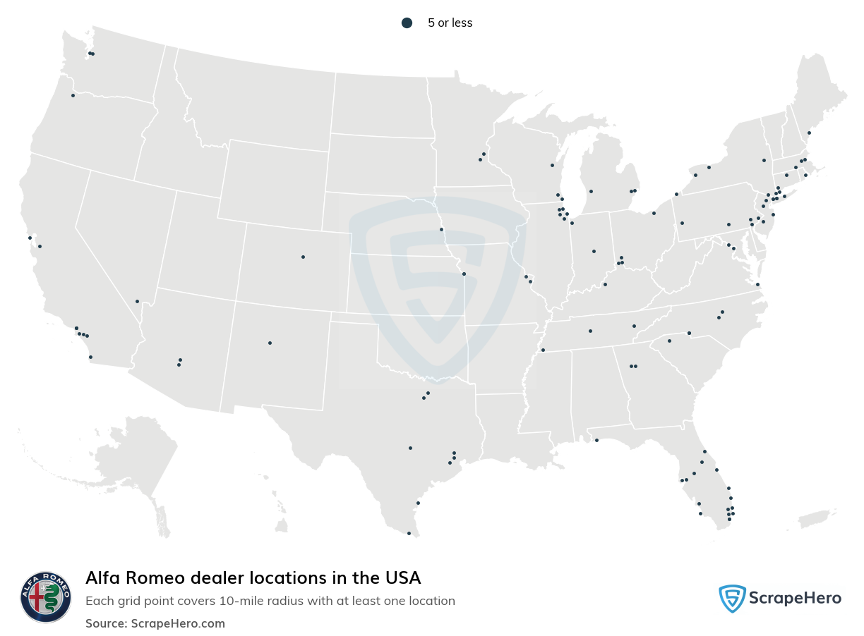 Map of Alfa Romeo dealers in the United States