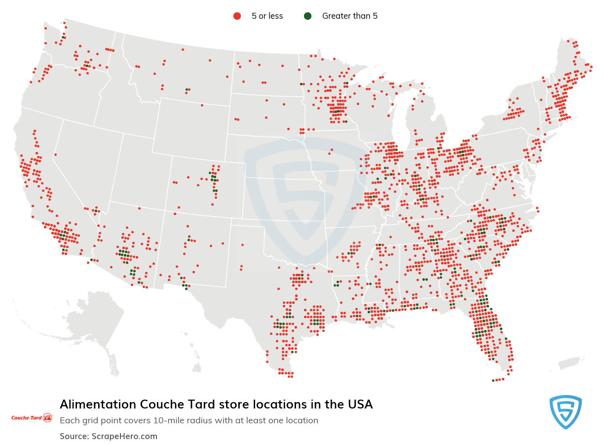 Map of Alimentation Couche Tard retail stores in the United States