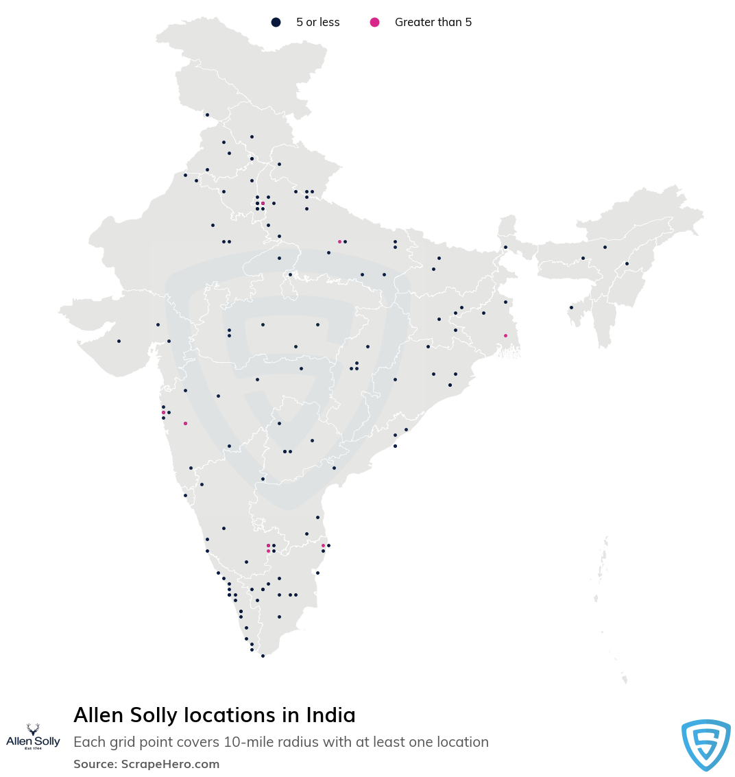 Map of Allen Solly locations in India in 2022