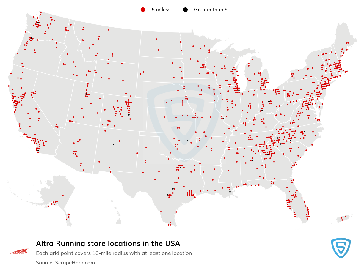 Map of Altra Running locations in the United States in 2021
