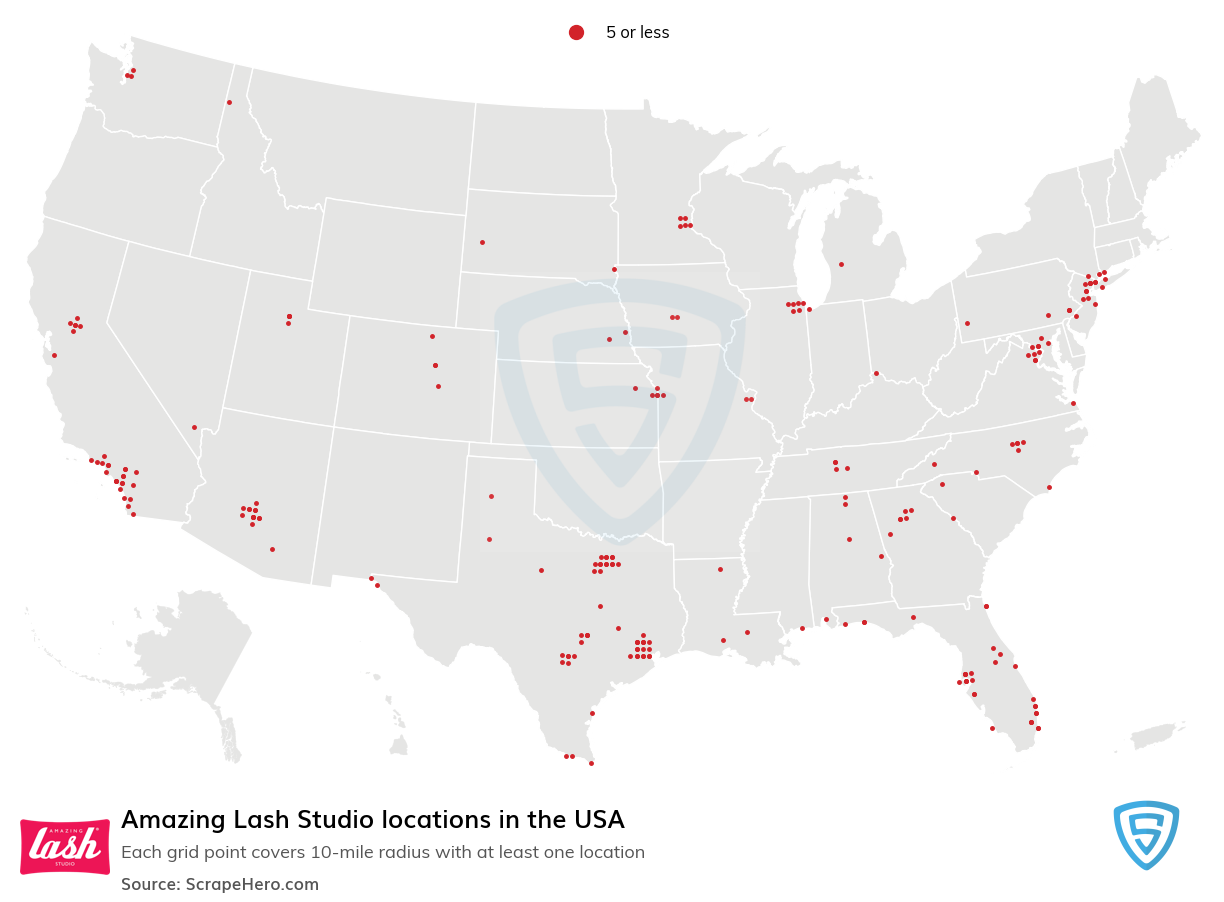 Map of Amazing Lash Studio locations in the United States