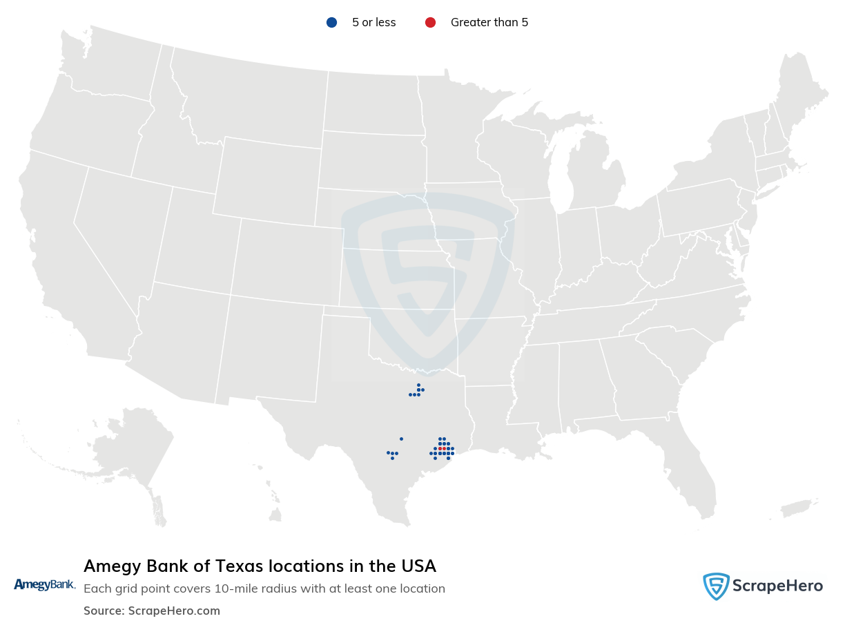 Map of Amegy Bank of Texas locations in the United States
