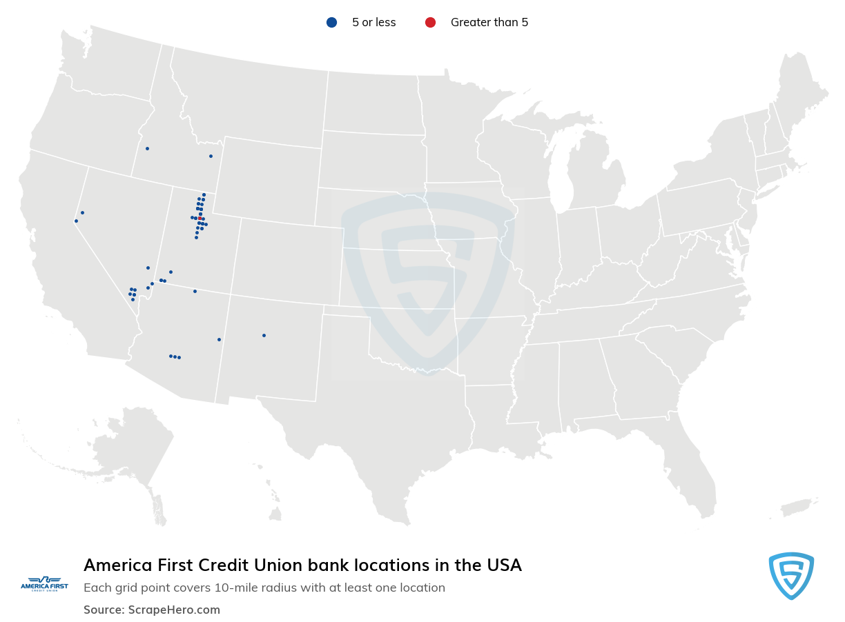 Map of America First Credit Union banks in the United States