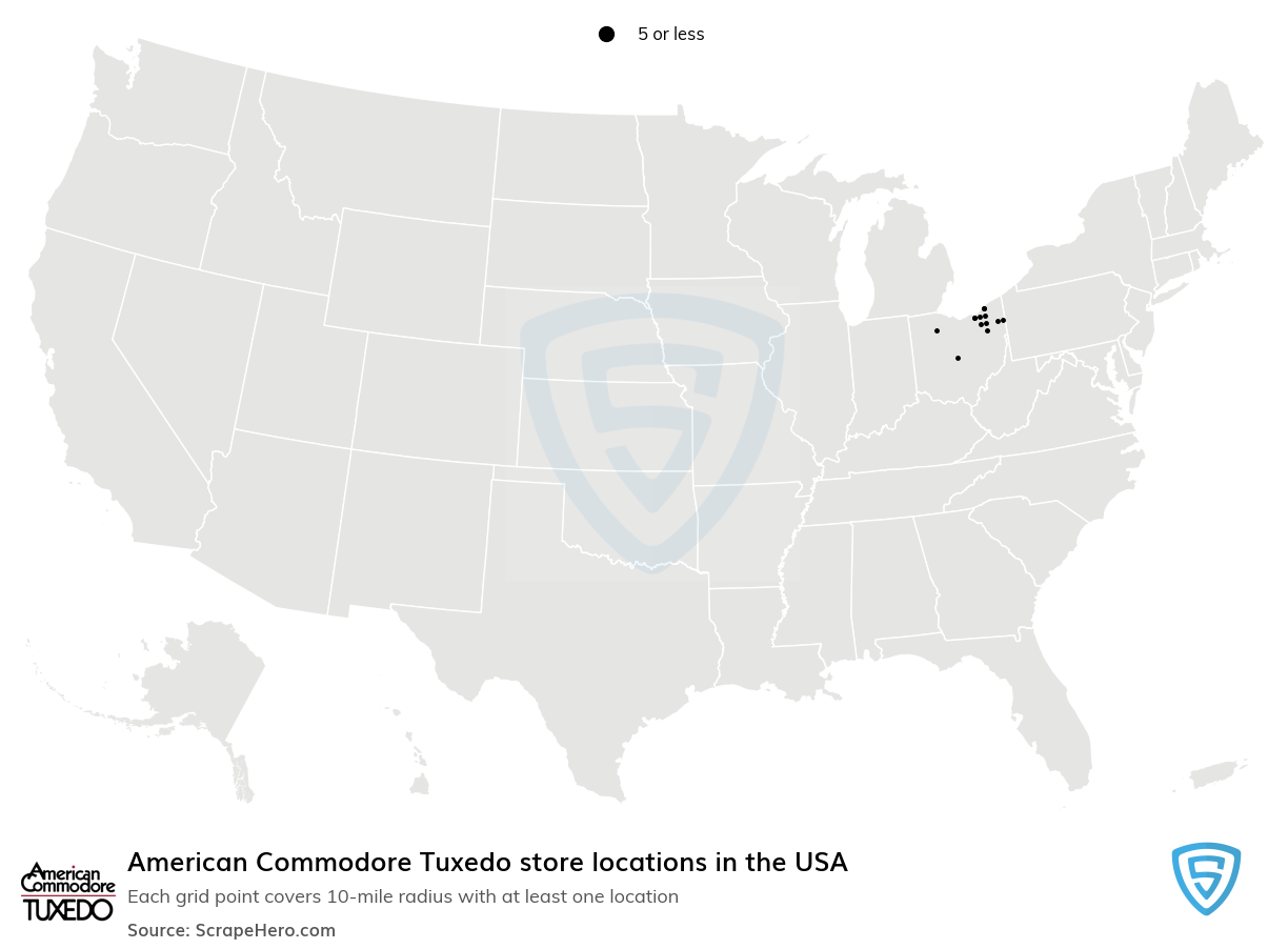 Map of American Commodore Tuxedo stores in the United States