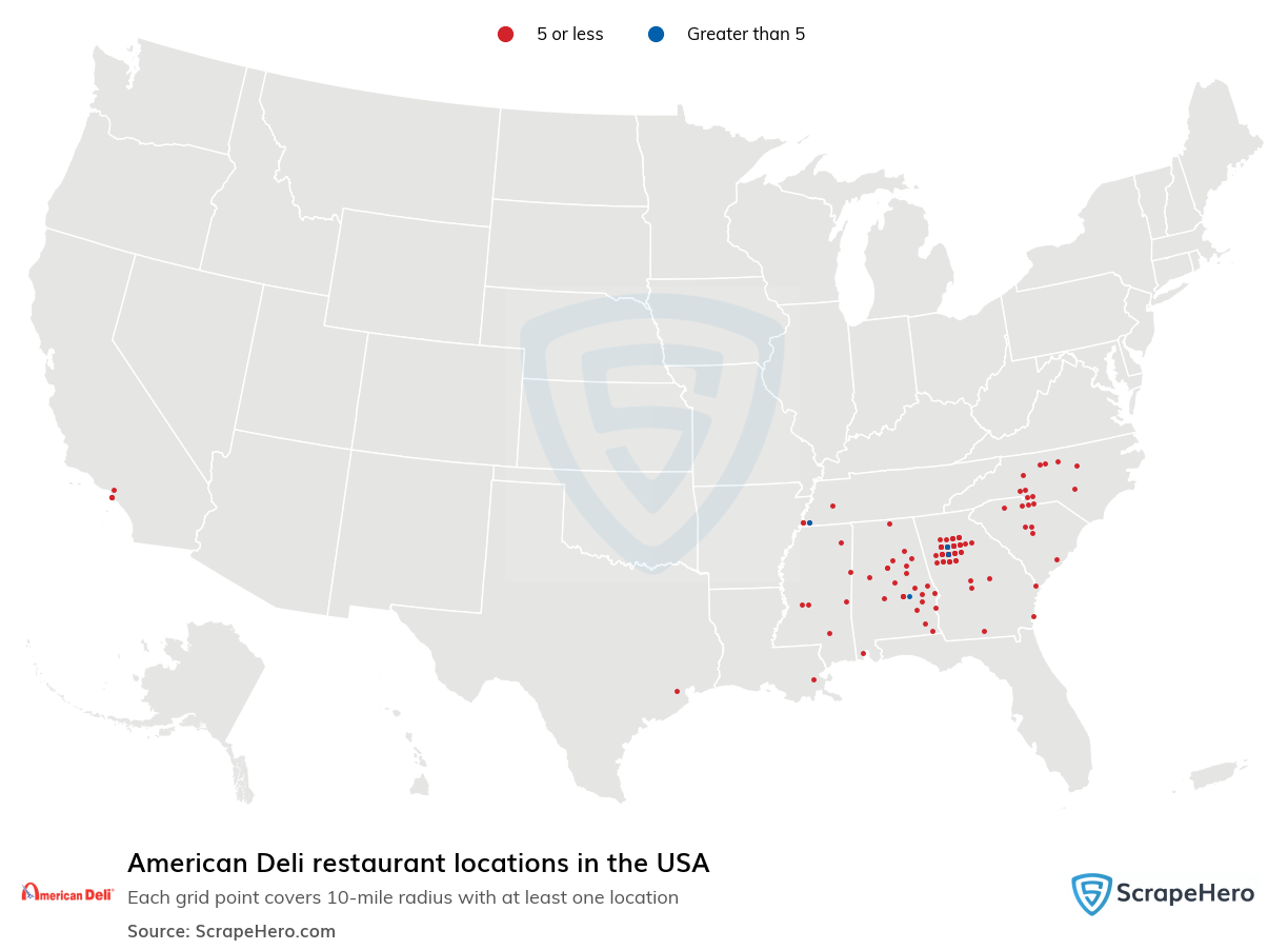 Map of American Deli restaurants in the United States