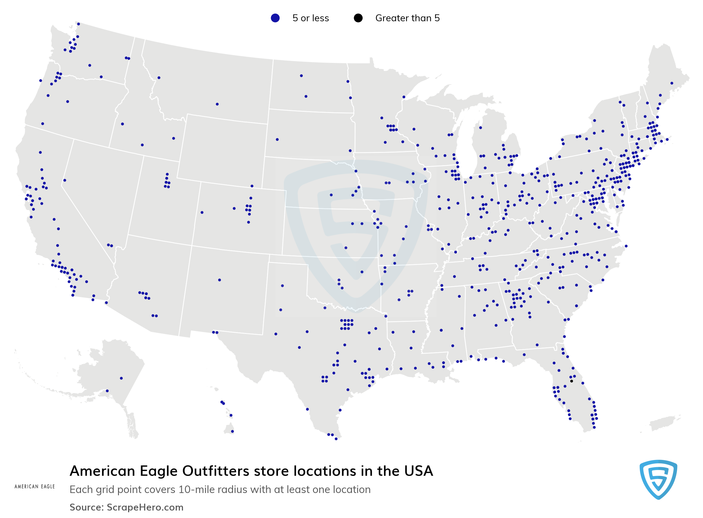 Number of American Eagle Outfitters locations in the USA in 2023