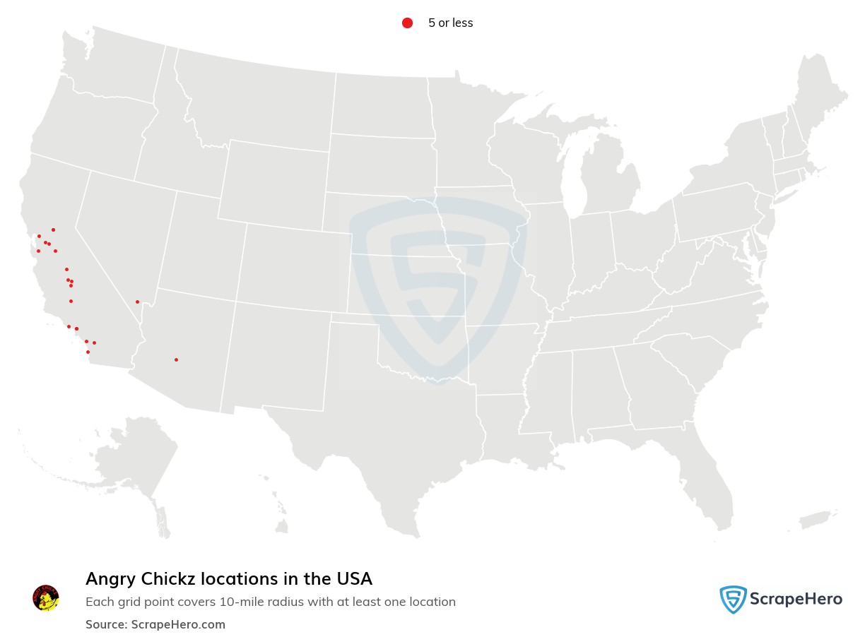 Map of Angry Chickz locations in the United States