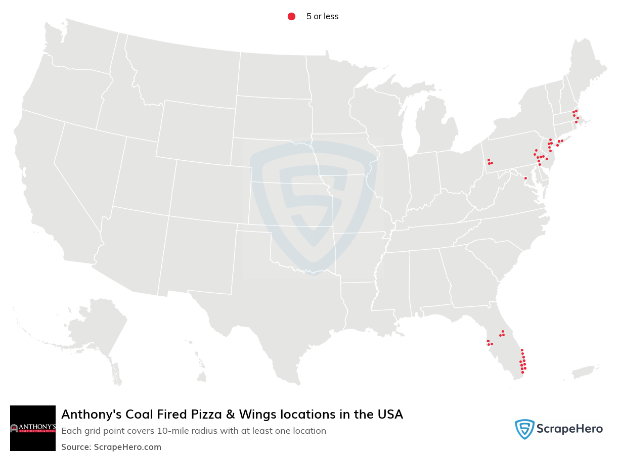 Map of Anthony's Coal Fired Pizza & Wings locations in the United States