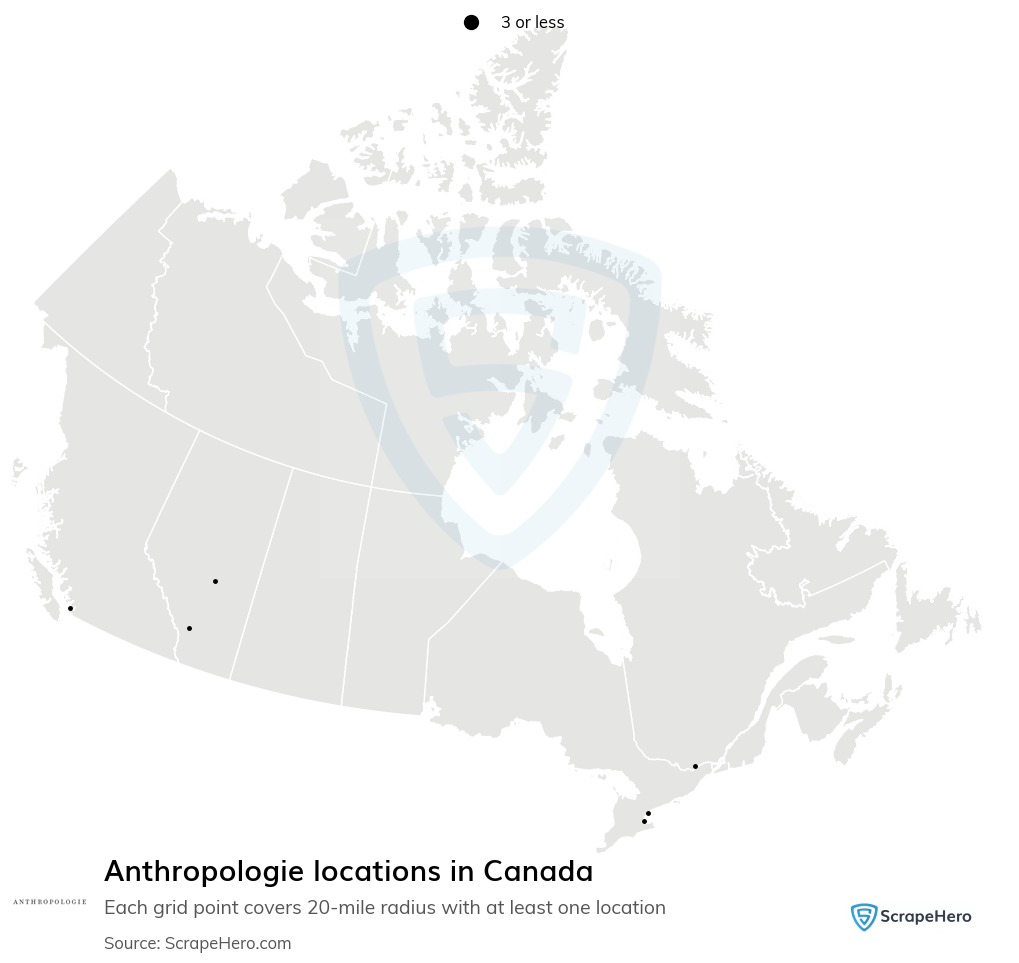 Map of Anthropologie stores in Canada