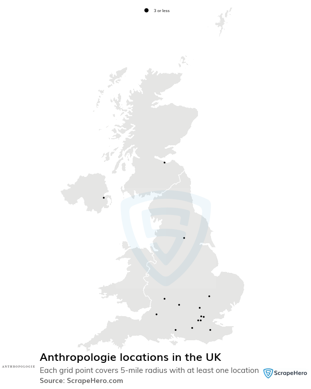 Map of Anthropologie stores in the United Kingdom