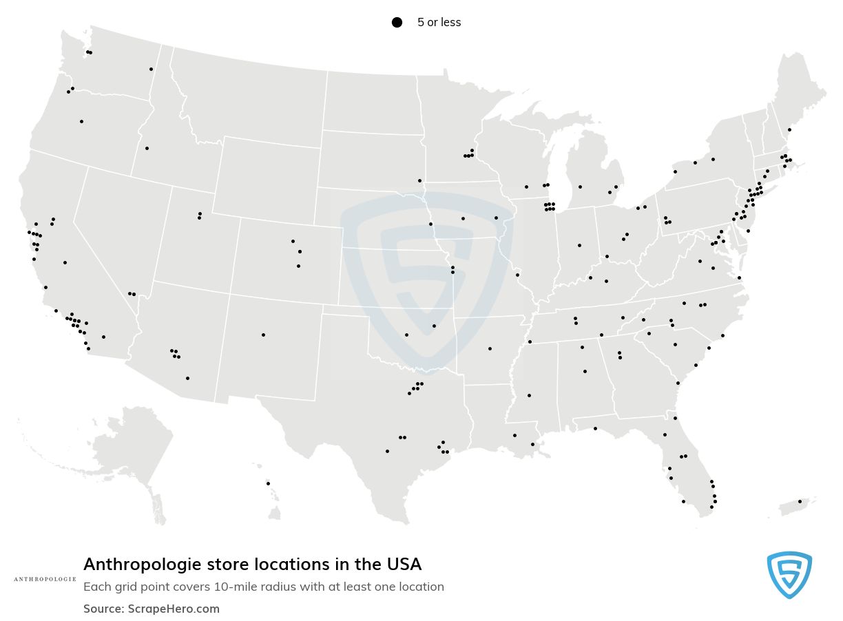 Map of Anthropologie retail stores in the United States