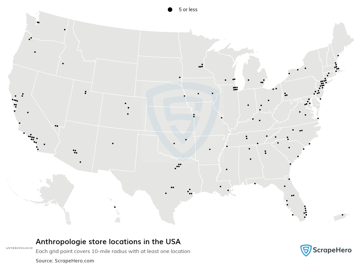 Map of Anthropologie stores in the United States