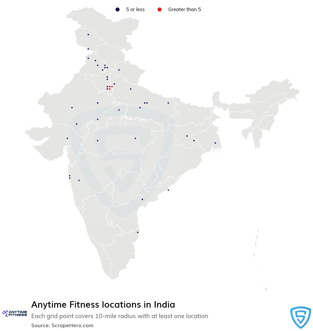 Map of Anytime Fitness locations in India