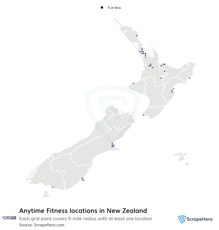 Map of Anytime Fitness locations in New Zealand