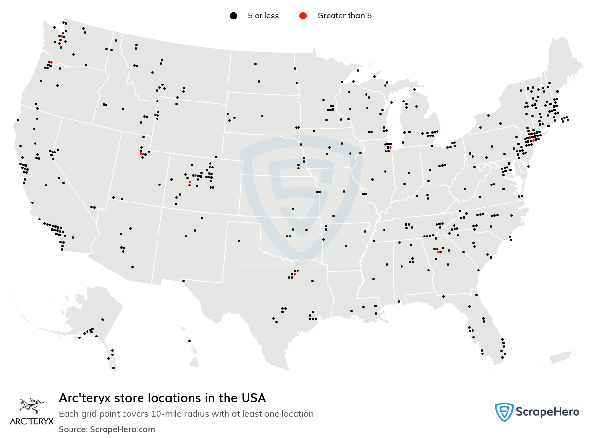 Map of Arc'teryx stores in the United States