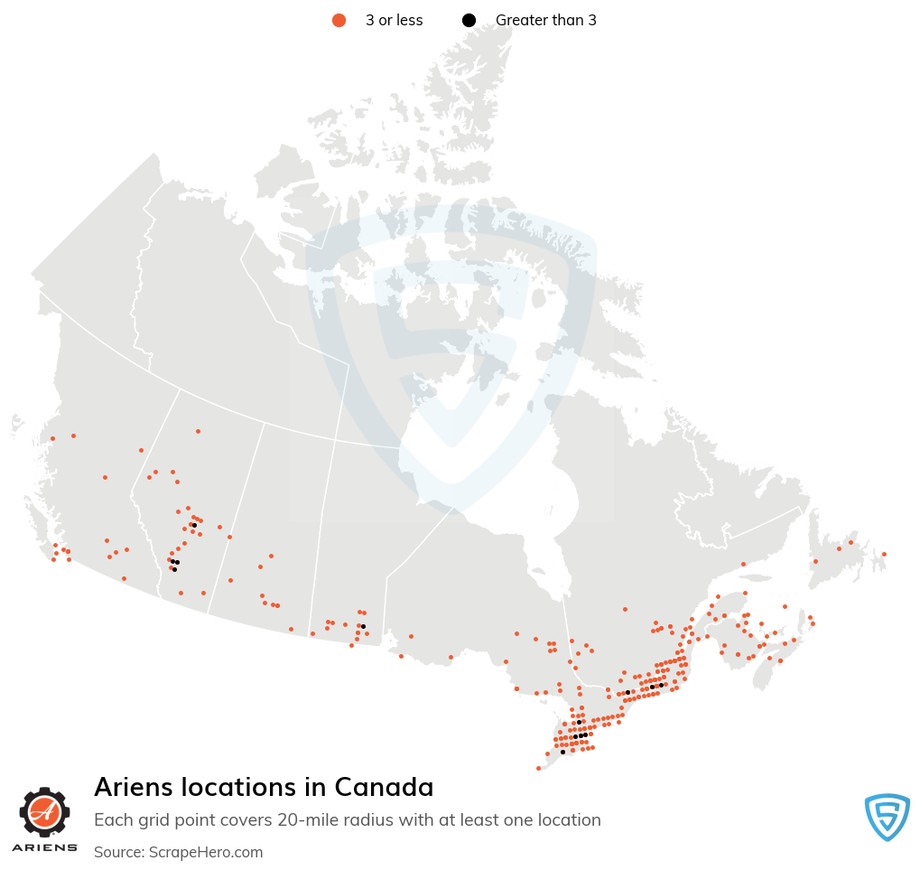 Map of Ariens locations in Canada in 2022