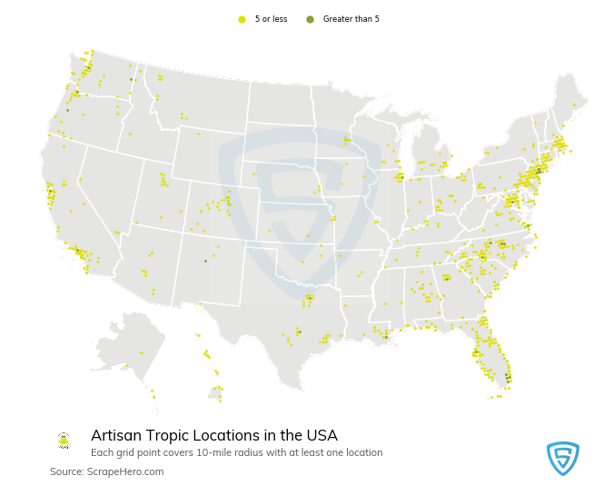 Map of Artisan Tropic locations in the United States