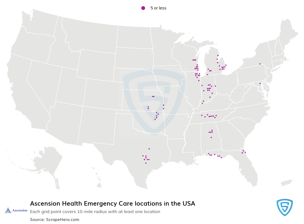 Map of Ascension Health Emergency Care locations in the United States