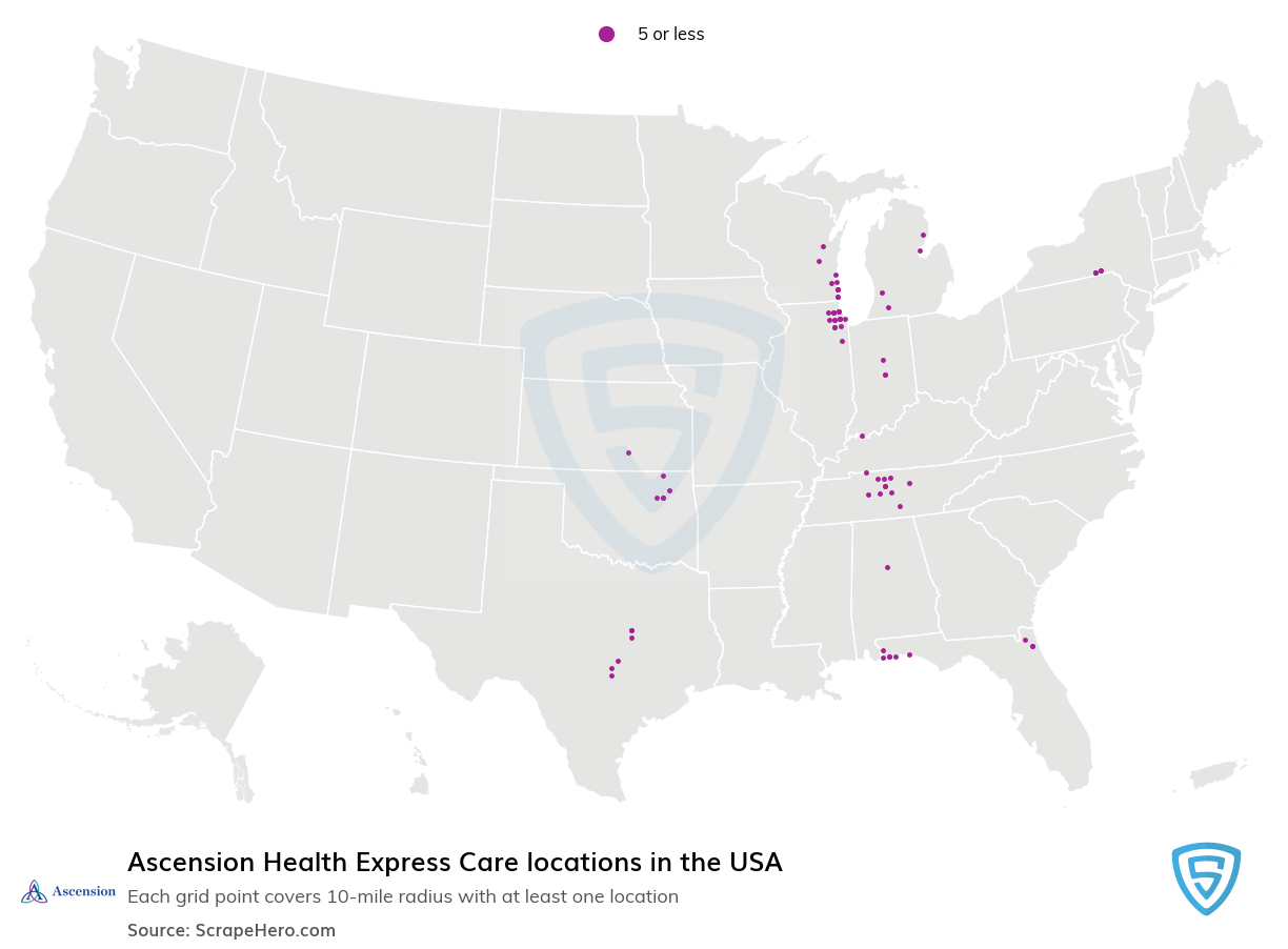 Map of Ascension Health Express Care locations in the United States