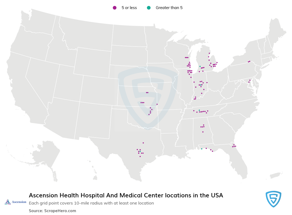 Map of Ascension Health Hospital And Medical Center locations in the United States