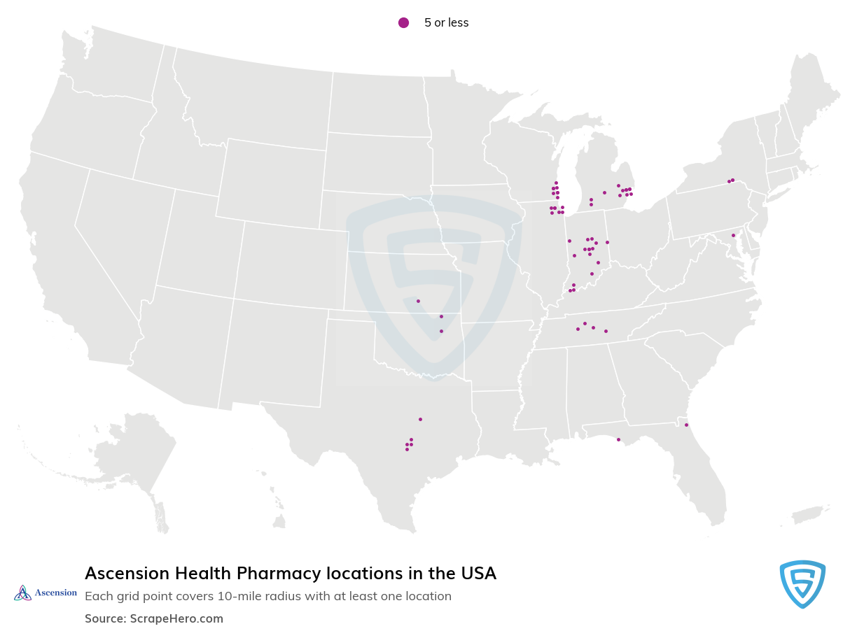 Map of Ascension Health Pharmacy locations in the United States