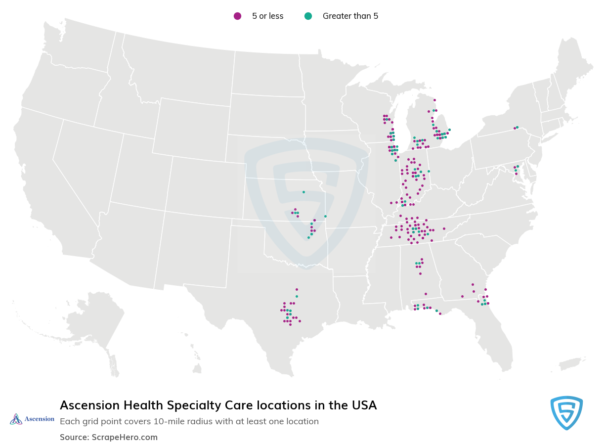 Map of Ascension Health Specialty Care locations in the United States