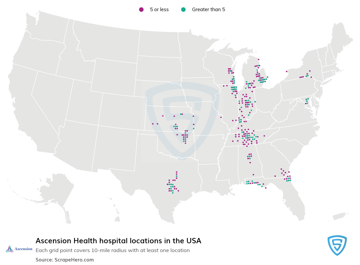 Map of Ascension Health hospitals in the United States