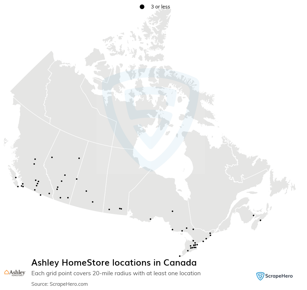 Map of Ashley HomeStore locations in Canada