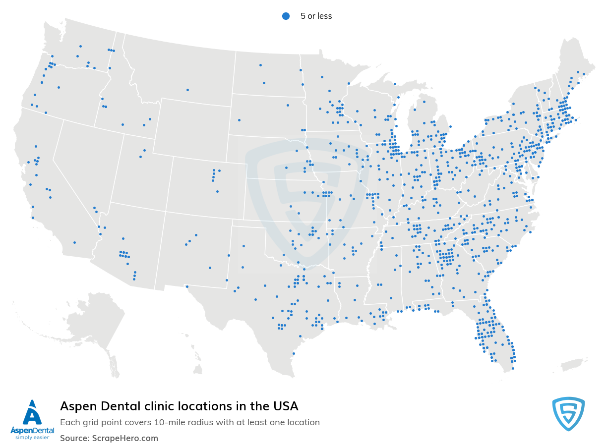 Map of Aspen Dental clinics in the United States