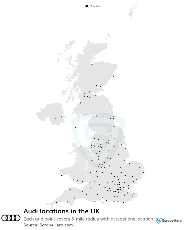 Map of Audi dealerships in the United Kingdom
