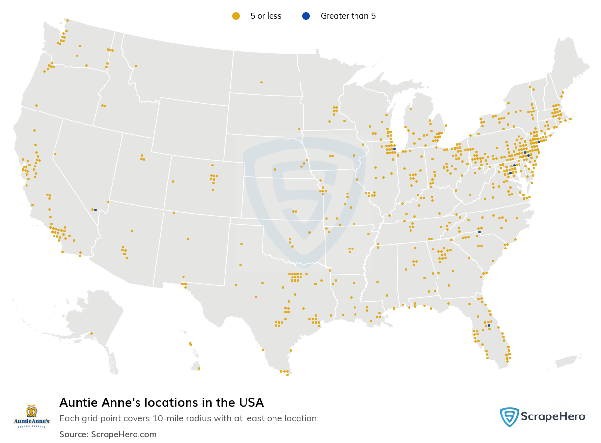 Map of Auntie Annes locations in the United States