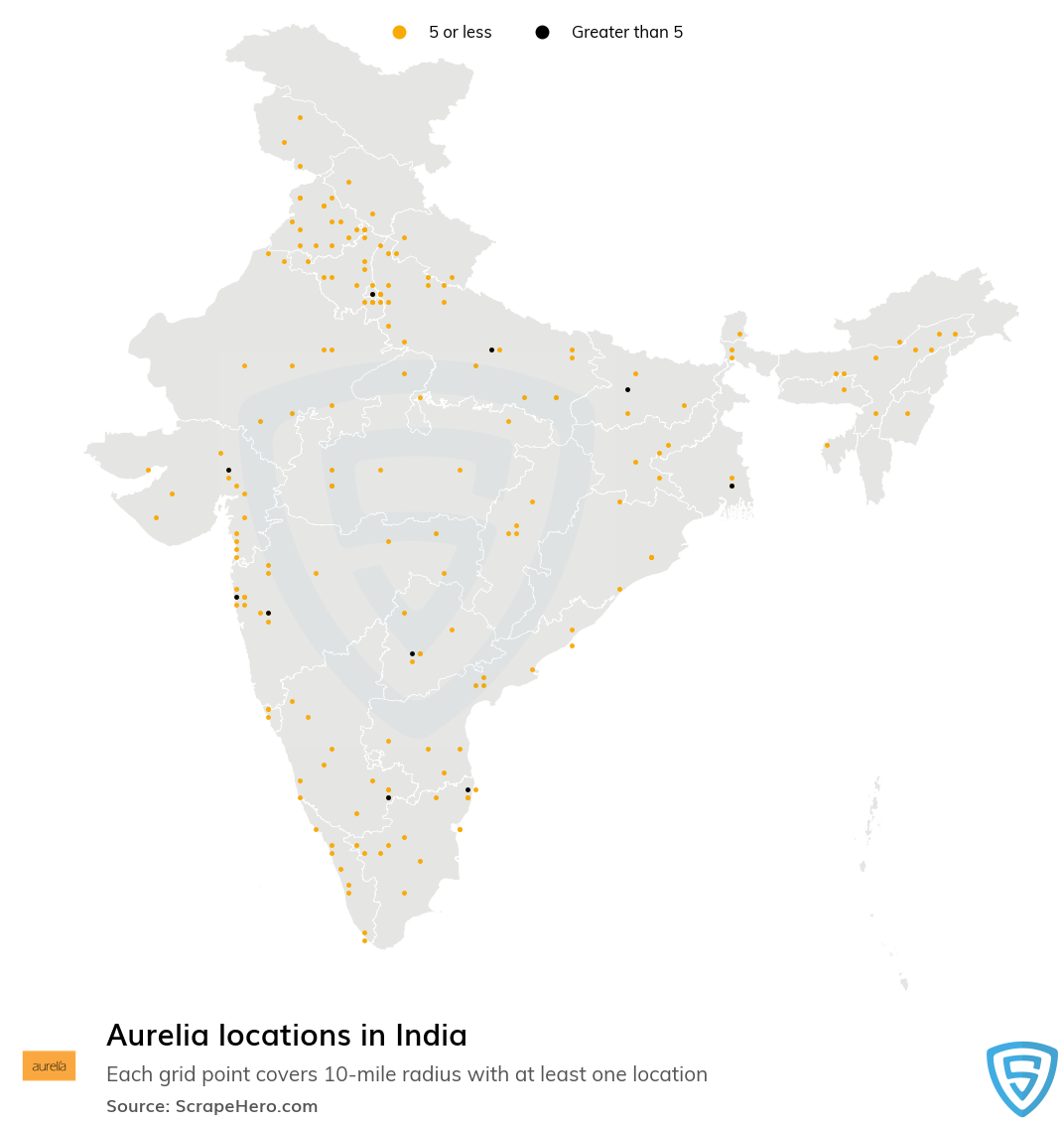 Map of Aurelia locations in India in 2022
