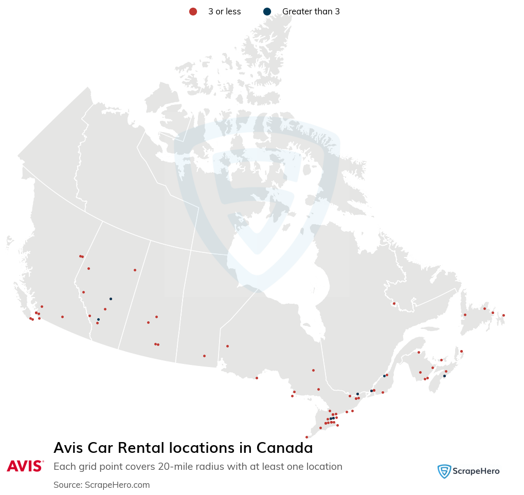 Map of Avis Car Rental locations in Canada