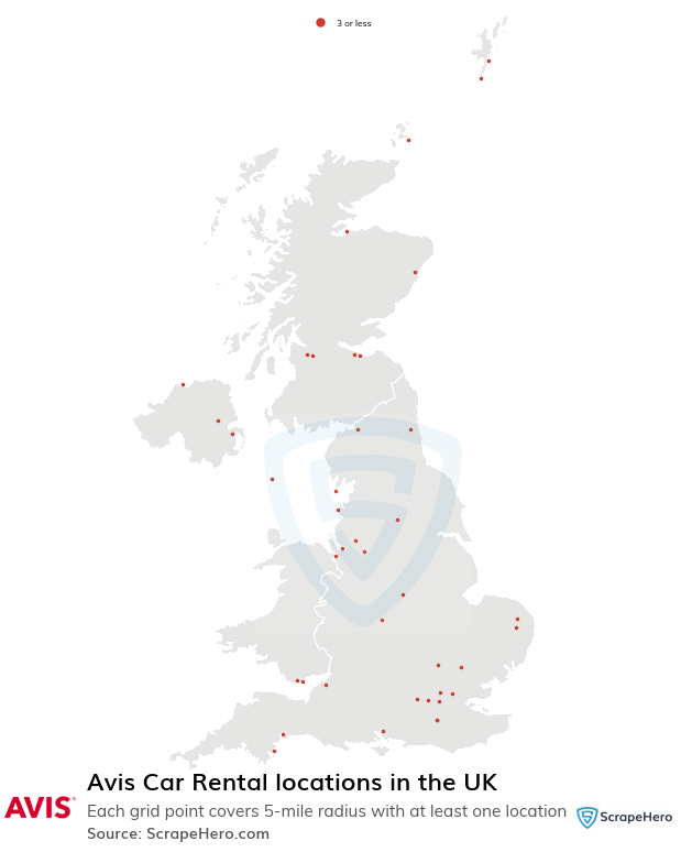 Map of Avis Car Rental locations in the United Kingdom